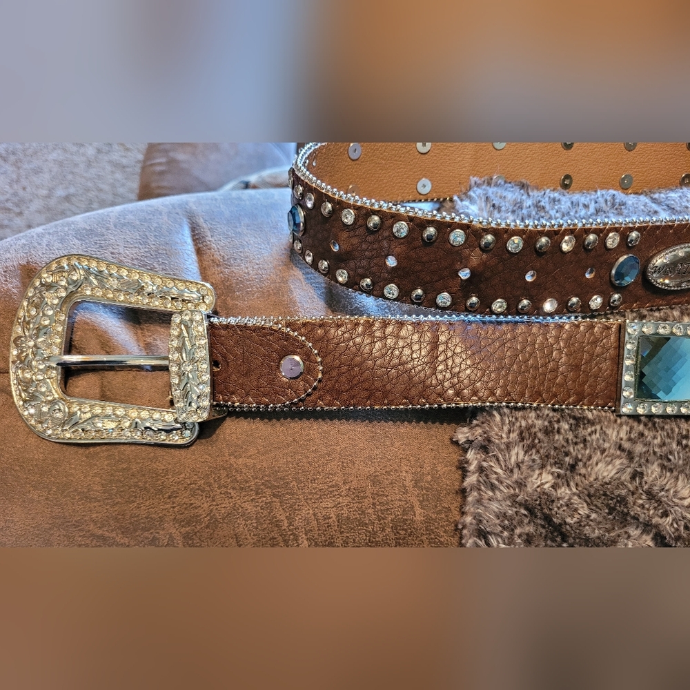 Brown Leather Studded Belt with Rhinestone Buckle